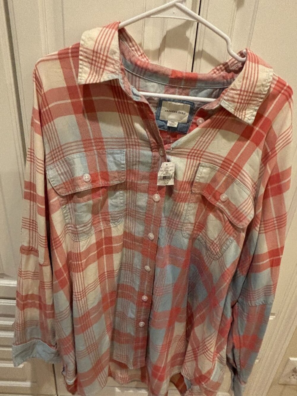 NWT American Eagle Plaid Button Down Shirt Women’s Large Pink Blue Flannel